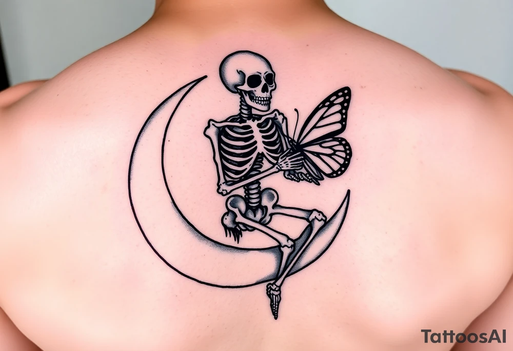 Skeleton sitting on crescent moon holding butterfly tattoo idea