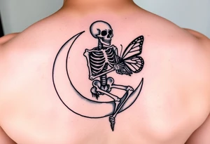 Skeleton sitting on crescent moon holding butterfly tattoo idea