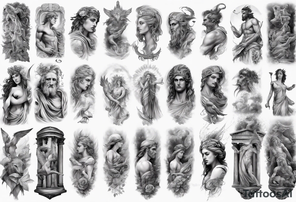 greek mythology
many details
full arm sleeve
realistic pictures tattoo idea