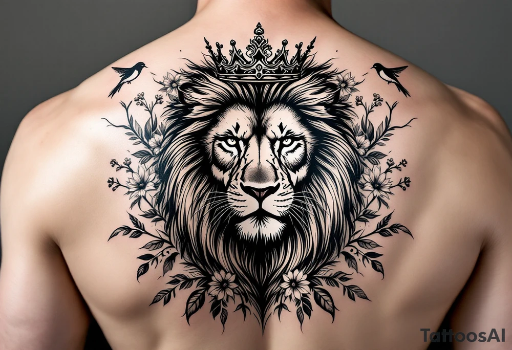 powerful majestic lion with a crown, surrounded by floral ornaments and birds tattoo idea