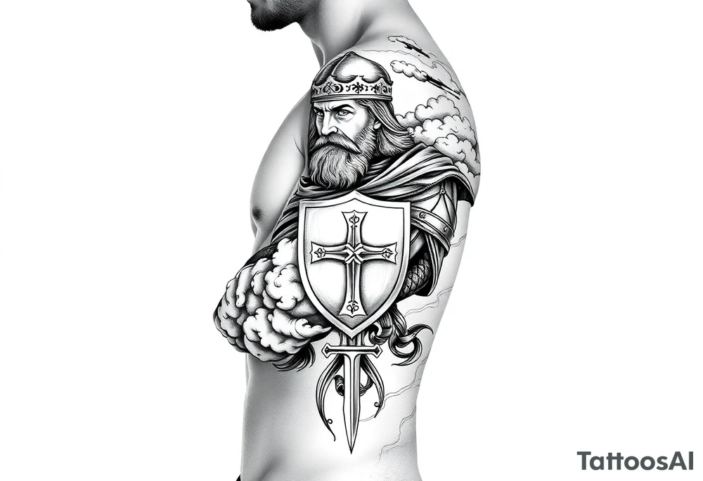 Half sleeve. King Alfred the great, sword, clouds, shield, cross tattoo idea