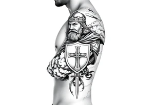 Half sleeve. King Alfred the great, sword, clouds, shield, cross tattoo idea