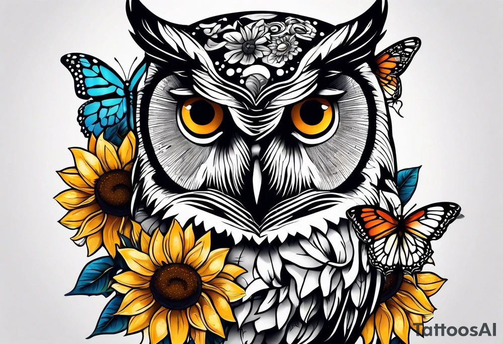 Small owl with sunflowers and butterflies arm sleeve tattoo idea