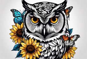 Small owl with sunflowers and butterflies arm sleeve tattoo idea