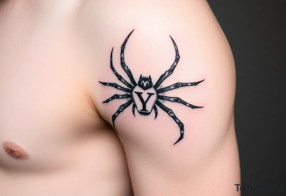 Spider crawling sideways with spread legs with the letter Y on the body of the spider tattoo idea