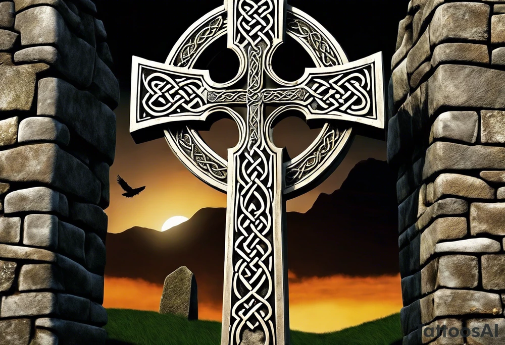 A stone Celtic cross, weathered and worn by the passage of time, standing resolutely at the base of a ruined stone wall. The cross is adorned with intricate Celtic knotwork, bearing witness to the craftsmanship of long-lost artisans. A raven, its ebony feathers shining in the dim light, perches on the arms of the cross, its head cocked to the side as it regards the desolate scene before it. The wall, once towering and majestic, now lies in ruin, its stones scattered haphazardly across the overgrown earth. Vines and creepers have woven themselves through the cracks and crevices, adding a touch of eerie greenery to the otherwise melancholic atmosphere. A gentle breeze rustles through the leaves, causing the raven to shift uneasily on its perch, as if it were the wind's way of whispering secrets long forgotten. The sky above is a somber shade of gray, heavy with the weight of impending rain, mirroring the solemn mood of the scene. tattoo idea