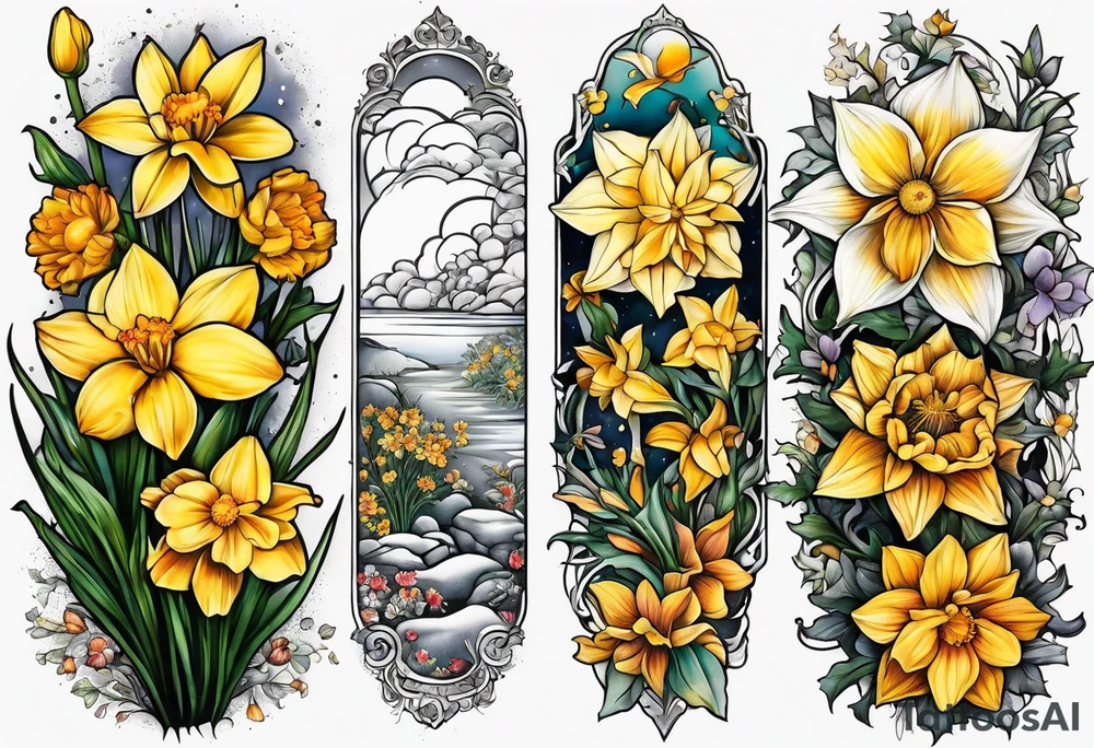 Narcissus,holly,marigold,daffodil, cosmos left arm sleeve tattoo idea