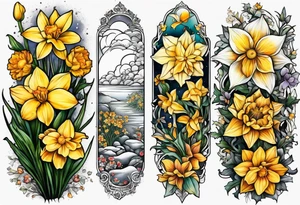 Narcissus,holly,marigold,daffodil, cosmos left arm sleeve tattoo idea