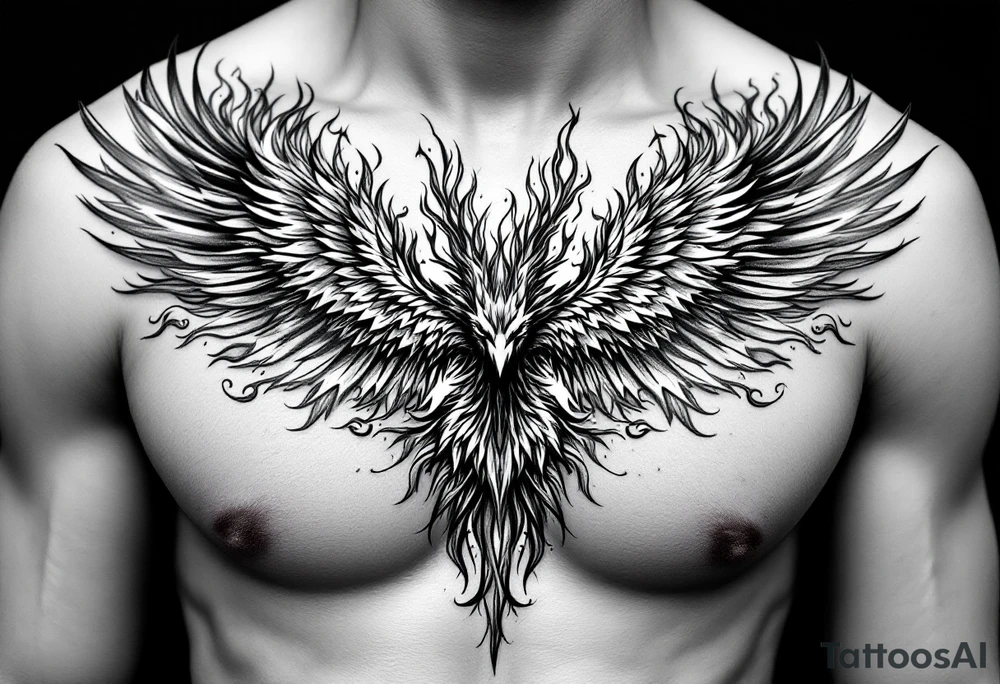 Realistic and symmetrical flaming Phoenix rebirth with spread low wings surrounded by fire mapped onto chest only
Phoenix head must be in the middle of the chest, straight and symmetrical 
Fire should be surrounding spread wings
Wings should be spread low only on chest muscle tattoo idea