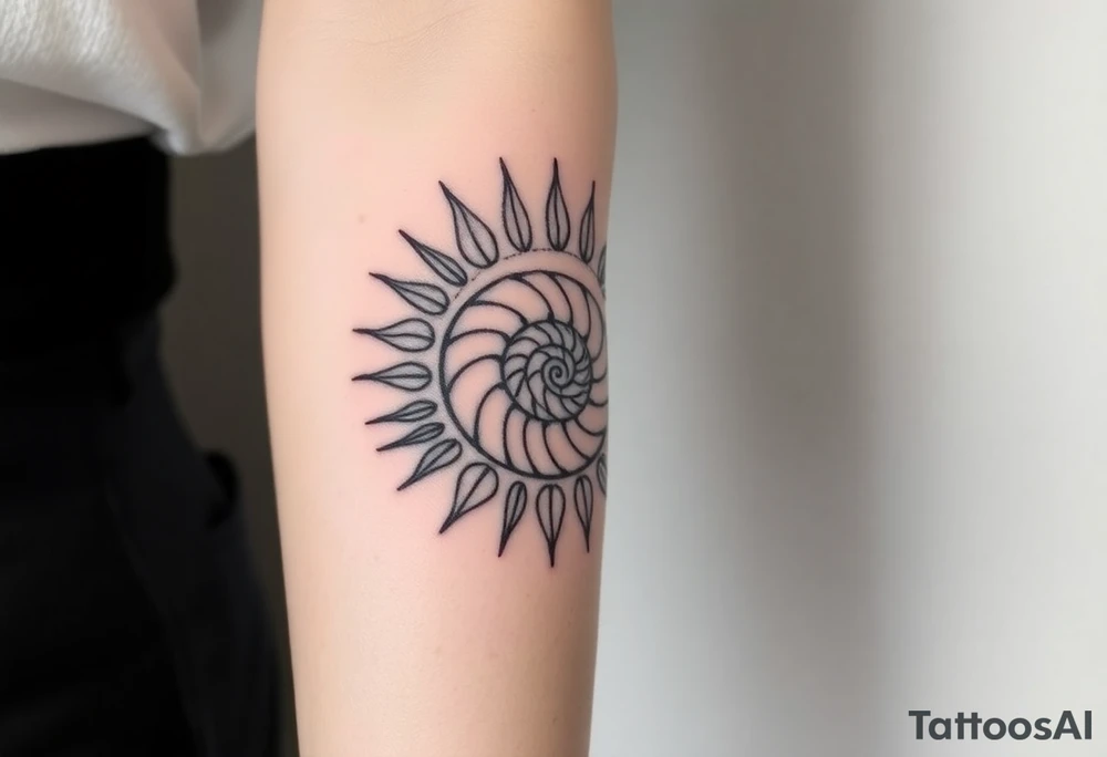 Fibonacci spiral shell inside of sun tattoo idea