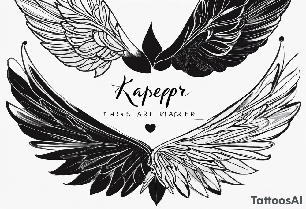 the words Karolina and Kacper, black and white, handwriting, in the background the words Kacper angel wings tattoo idea