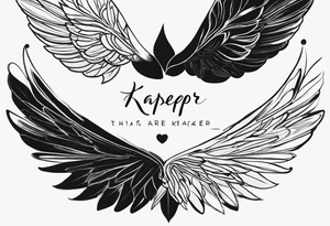 the words Karolina and Kacper, black and white, handwriting, in the background the words Kacper angel wings tattoo idea