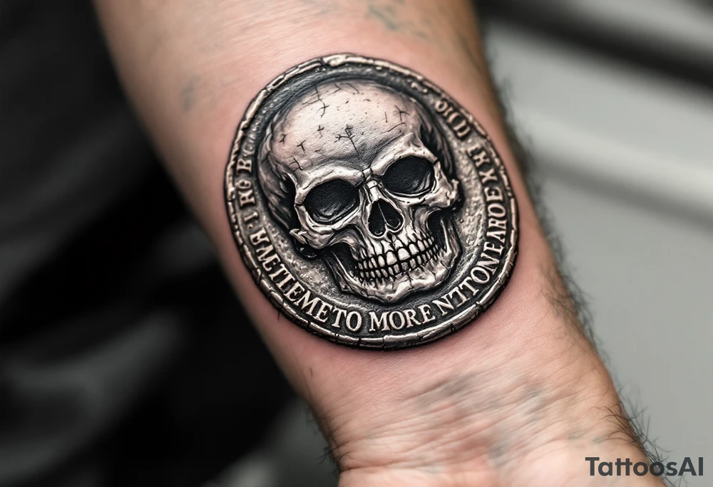 A Roman coin with a skull embossed in silver, the inscription "memento mori" in rough gray Latin lettering beneath it. tattoo idea