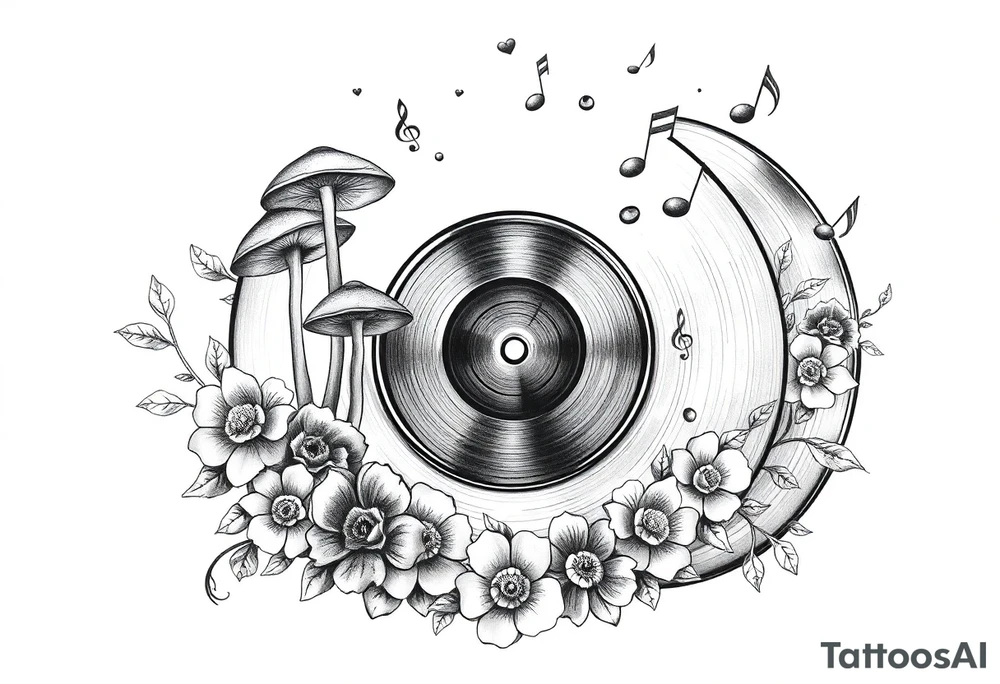 vinyl record with mushrooms, flowers, hearts, and music notes tattoo idea