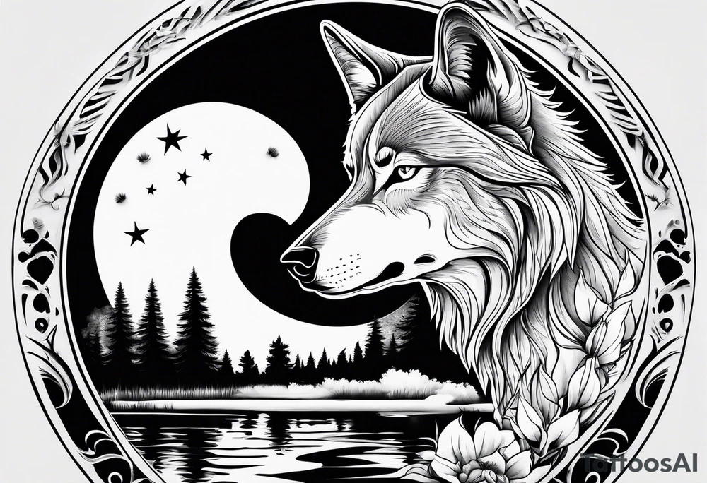 Black wolf reflection to white wolf tattoo idea