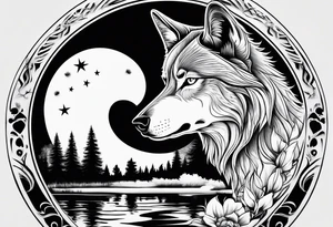 Black wolf reflection to white wolf tattoo idea
