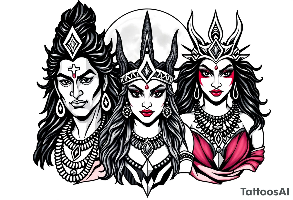 Lord Shiva, Godess Kali, Godess Lilith Together with the moon in the background tattoo idea