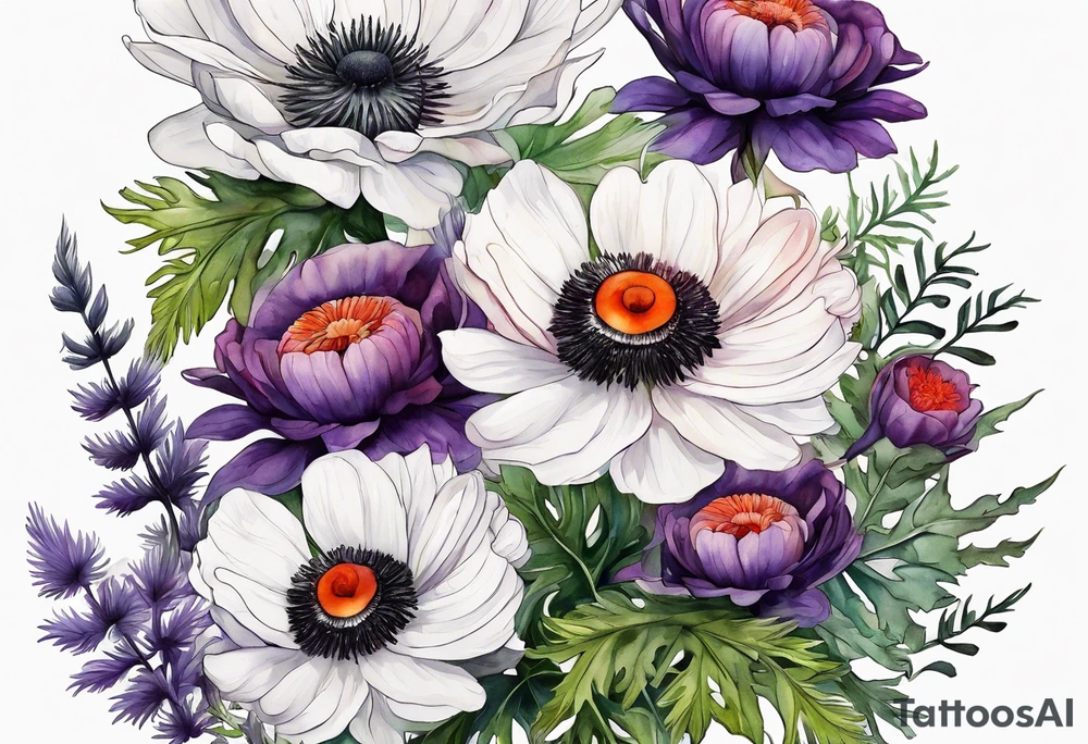 a white anemone with black center with cascading thistles, ferns, ranuculus, and sun flowers, red flowers, orange flowers, purple flowers all in watercolor tattoo idea