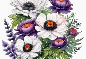a white anemone with black center with cascading thistles, ferns, ranuculus, and sun flowers, red flowers, orange flowers, purple flowers all in watercolor tattoo idea