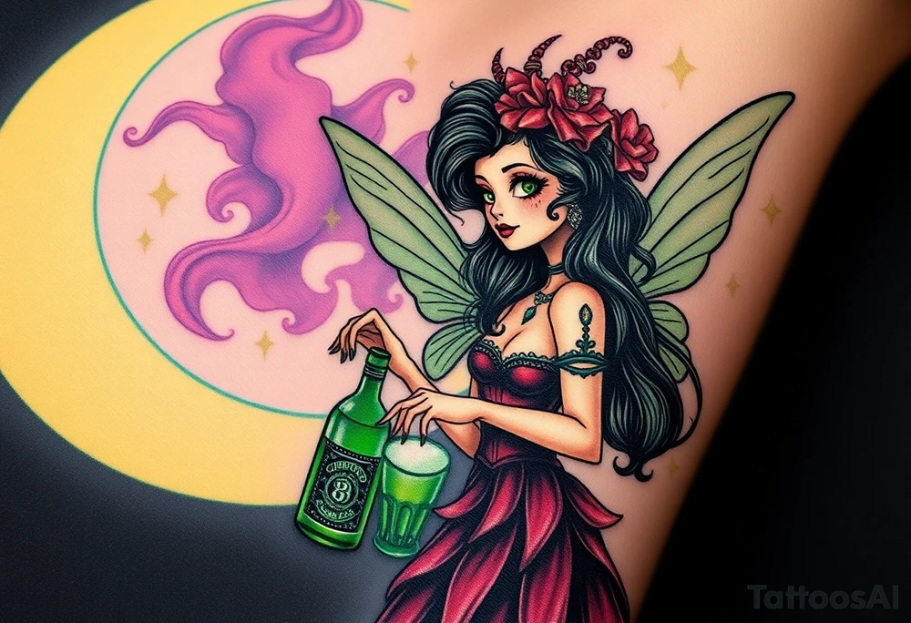 Tim Burton’s kelly doty pin up style Vintage Parisian elegant and hauntingly beautiful yet eerie full body absinthe Green Fairy dances outside her victorian crystal decatur she was once inside this elaborate ornate bottle absinthe bottle Absinthe Art Nouveau   and dripping with muted reds, dusty pinks, and eerie green glow.purple and cyan smokey clouds swirl in the crescent moonlit sky thats sprinkled with stars tattoo idea