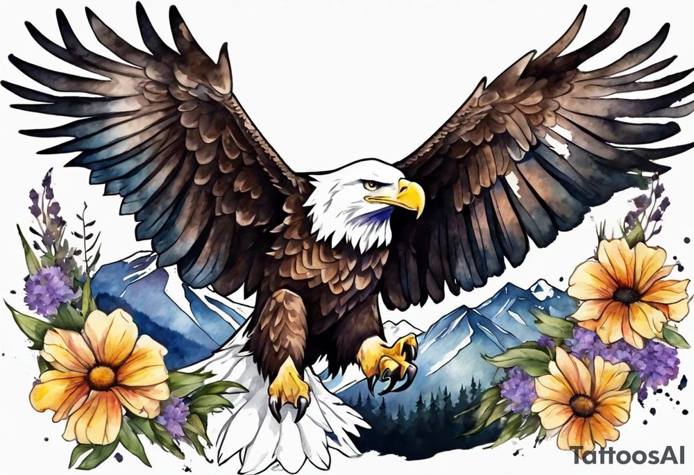 bald eagle with wings spread with mountain flowers in the background tattoo idea