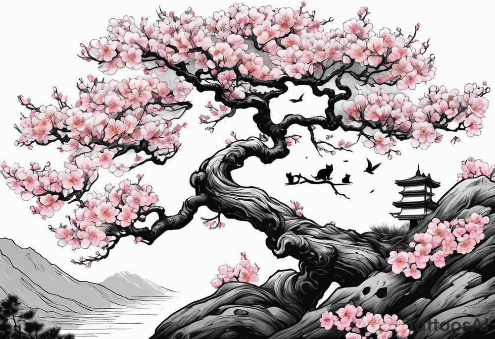 elongated cherry blossom branch meeting with a dying pine tree with hidden cute demon cat tattoo idea