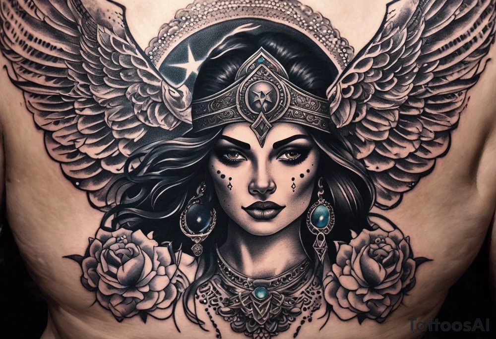 black kali, goddess pirate, alien, angel, pachamama, valkrye, warrior, flying, skull, lotus azul, wing, eagle, zenza resonance, stars, 5D, anahata chakra, death, durga, riding on a tiger, flying lady, chest tatoo tattoo idea