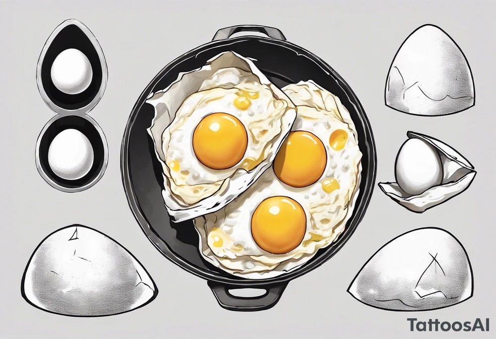 A round, thin omelette made from five eggs, with a triangular piece cut out containing the yolk tattoo idea