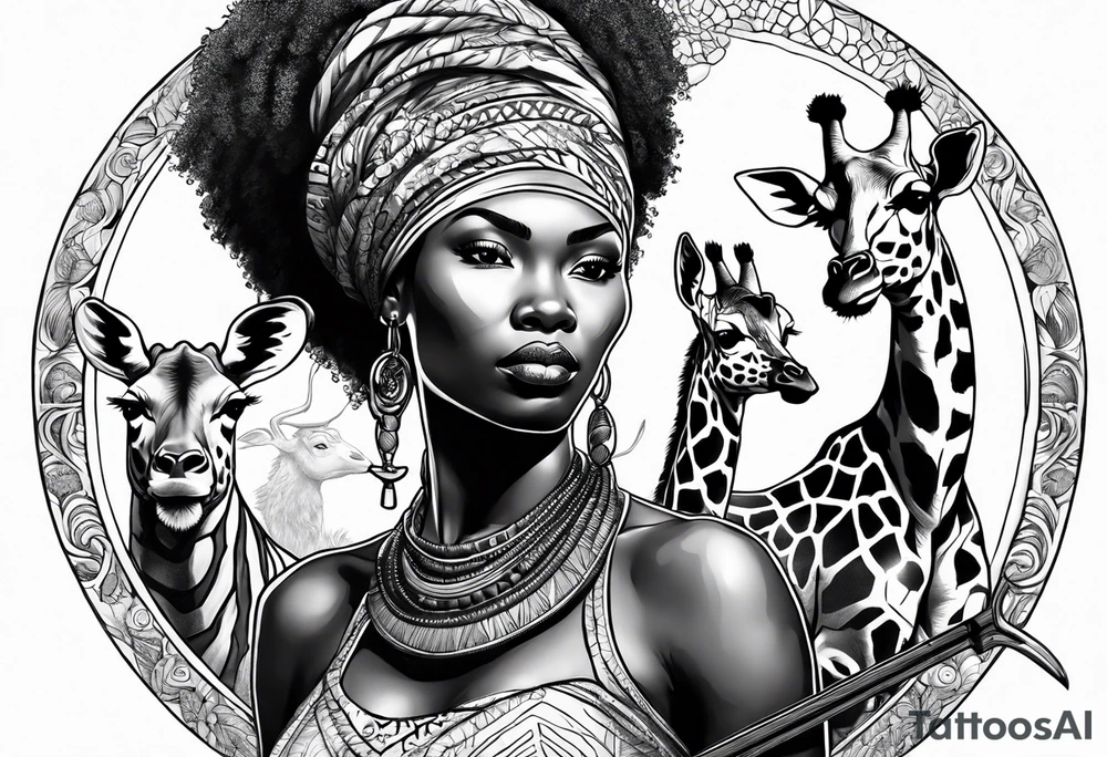 African woman warrior holding a spear with birds and giraffe in the background tattoo idea