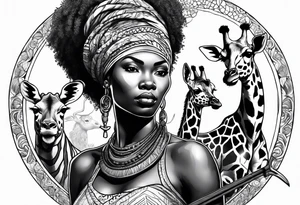 African woman warrior holding a spear with birds and giraffe in the background tattoo idea