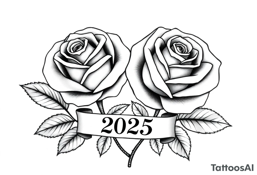 two beautiful large rose buds, one larger than the other, with lots and lots of leaves next to the rose buds, with one sitting slightly higher than the other, side-by-side.  Include a banner connecting the two roses with the year 2025 on it.   Use dark outlines with little shading. Remove all stems from the roses. tattoo idea