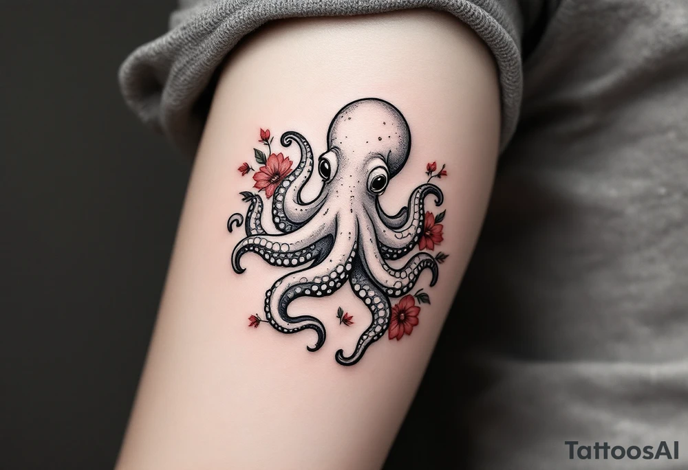 A small realistic black and grey tattoo of an octopus, cute, with detailed shading and soft linework, showing the octopus with swirling tentacles, on light skin. ornamental flowers around with red ink. The style is minimalistic and elegant, resembling fine-line tattoo with a shadow tattoo idea