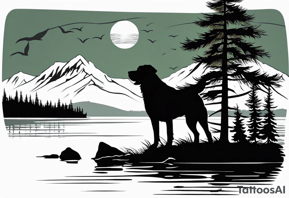 Sleeve tattoo windswept pine tree before lake with low hills on far side of lake. Mastiff silhouette in the foreground. with a dock coming out from the shore. Canadian shield. 
Include the words: "If the sun refused to shine
I would still be loving you
When mountains crumble to the sea
There will still be you and me" tattoo idea
