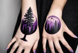 forest, purple and black, on hand, full wrapped, blackwork tattoo idea