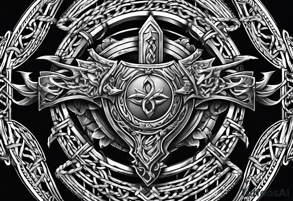 Valhalla sword round shield axe barbed wire chains tattoo idea