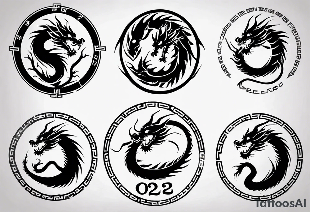 Chinese dragon in a circular shape with "02.03" written on its skin tattoo idea
