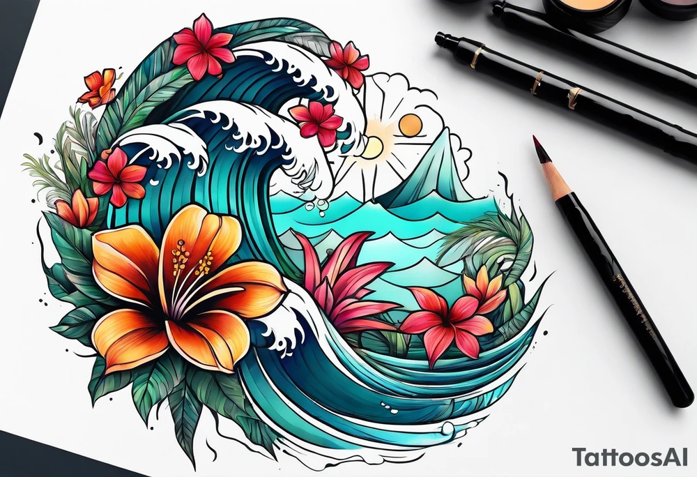 sea, flower, palm tattoo idea