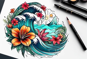 sea, flower, palm tattoo idea
