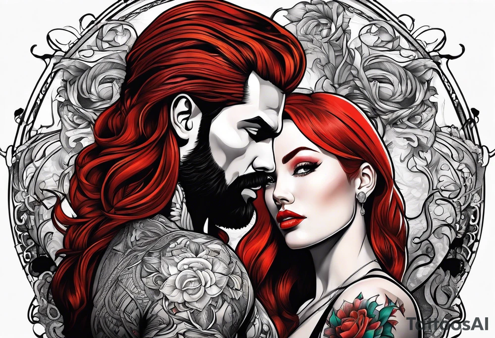 Busty Red haired woman with black haired bearded man tattoo idea