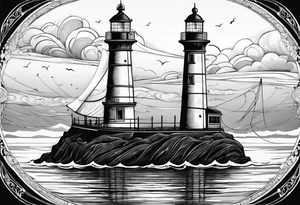 voilier vue de face. phare maritime fixé au centre du voilier et utilisé comme un mat pour les voiles. tattoo idea