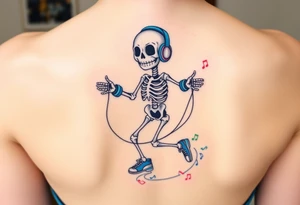 Cute smiling skeleton jumping on a jump rope with blue headphone and blue tennis shoes and blue armbands with colorful music notes tattoo idea