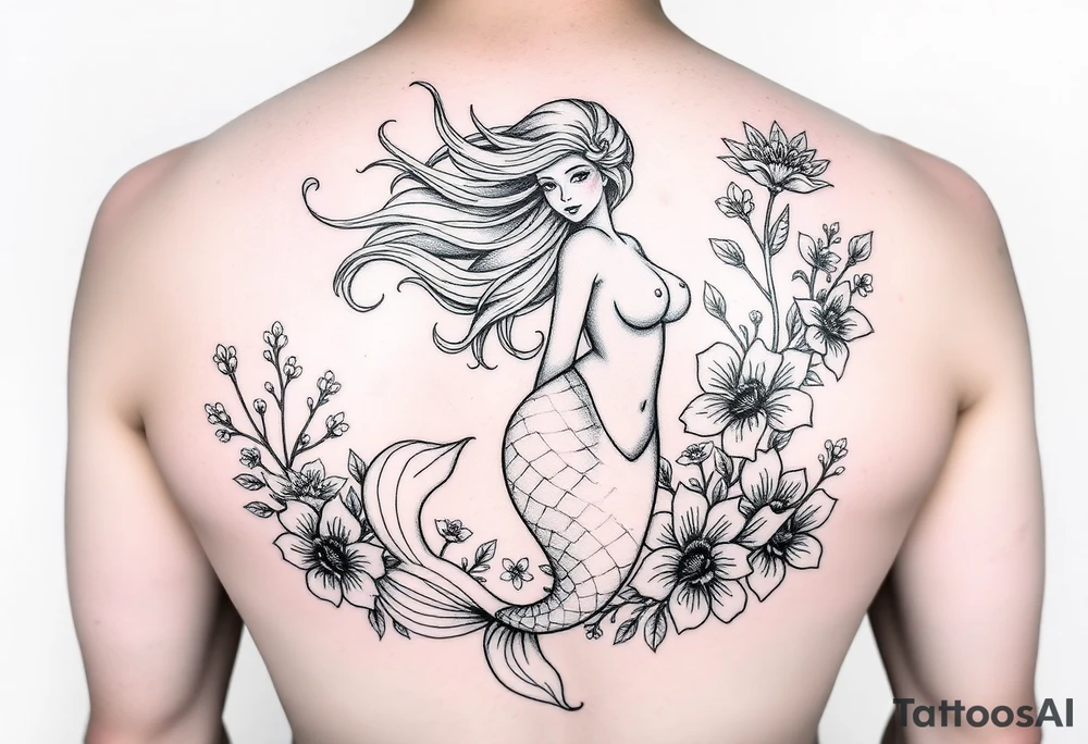ethereal mermaid with flowing hair among coral and sea flowers tattoo idea