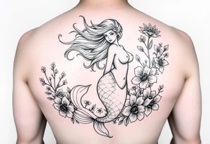 ethereal mermaid with flowing hair among coral and sea flowers tattoo idea