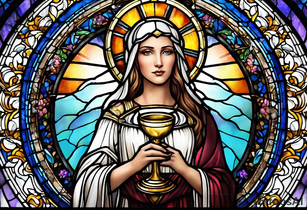 holy saint woman with halo stained glass holding a chalice tattoo idea