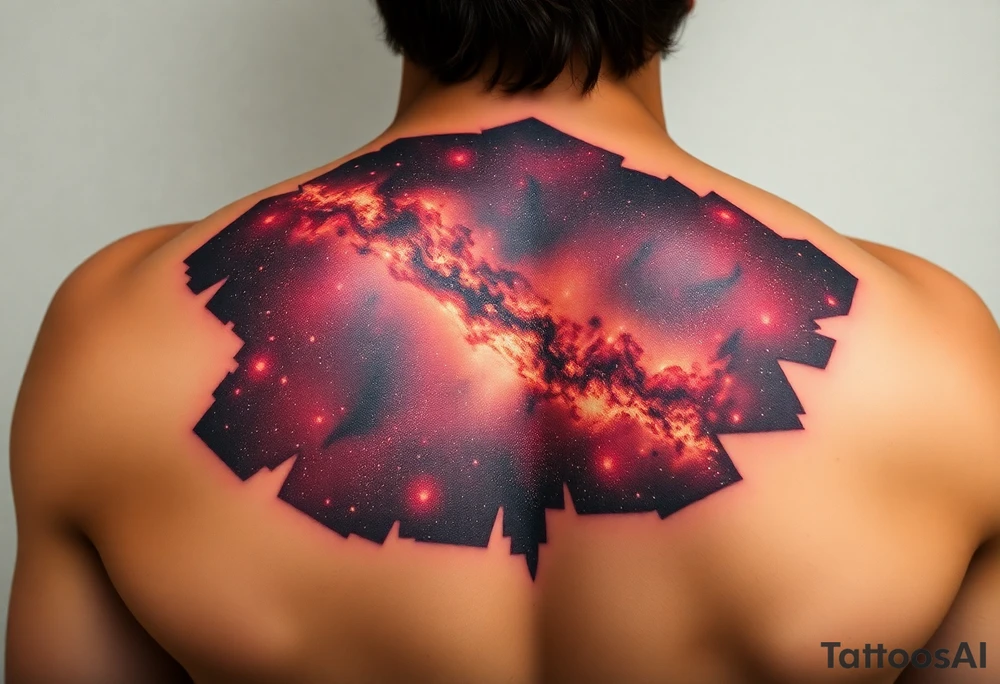Beautiful and epic 3d milky way that appears to be what is beneath the skin. Make it drape over the shoulder and move to the middle back. use negative spaces to create stars and dust. Incorporate God breathing life into the universe. Keep it symmetrical tattoo idea