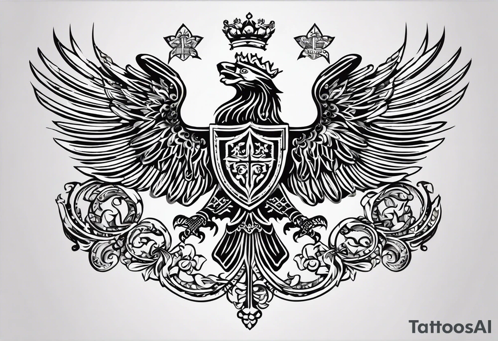 Merge the heraldic elements of england, northern ireland, ireland, scotland, wales, germany, croatia, serbia, slovakia, slovenia, and czech republic intertwined in a harmonious and elegant manner. The design should be symmetrical and suitable for a shoulder placement. tattoo idea