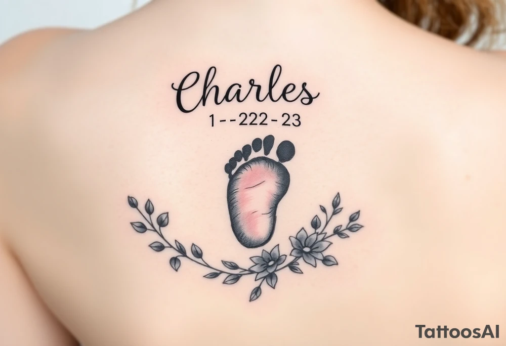 baby footprint print with the name Charles above it, the date 1-14-23 below it and surrounded by floral vines on a forearm tattoo idea