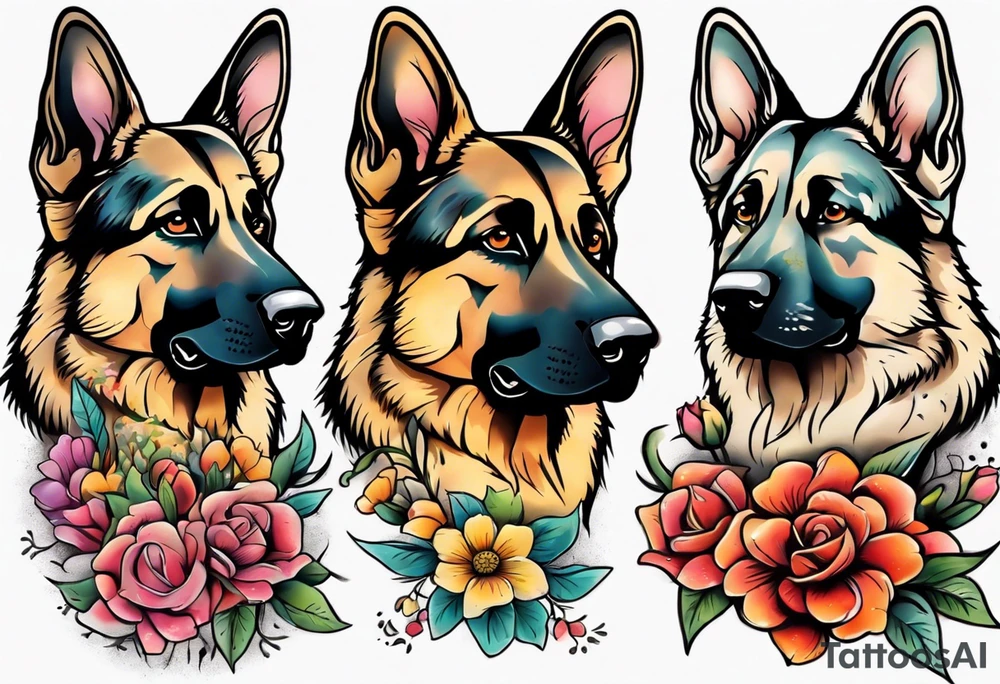 German shepherd portrait brightly colored with flowers tattoo idea