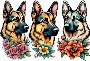 German shepherd portrait brightly colored with flowers tattoo idea
