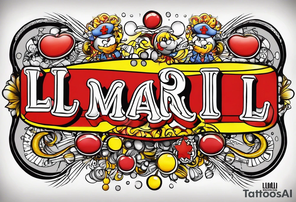 Red and yellow dr mario pill with the word "LillPill" under it tattoo idea